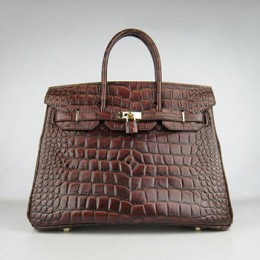 Hermes Birkin 35Cm Crocodile Big Stripe Handbags Dark Coffee Gold